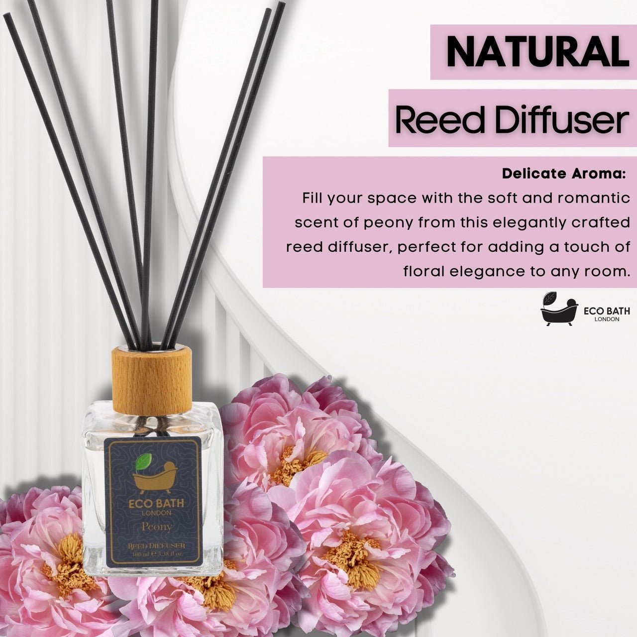 Eco Bath London Peony Reed Diffuser - Beautiful Bouquet of Peonies Fragrance, Intensive, Fresh & Long Lasting Room Diffuser, 100ml (3.38 Fl.Oz) - Wear Yaani