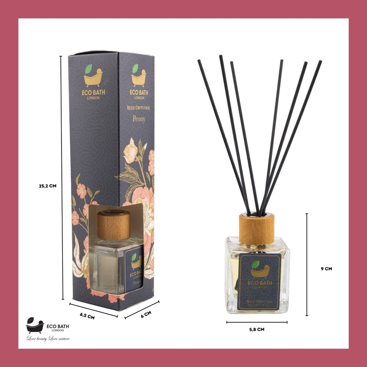 Eco Bath London Peony Reed Diffuser - Beautiful Bouquet of Peonies Fragrance, Intensive, Fresh & Long Lasting Room Diffuser, 100ml (3.38 Fl.Oz) - Wear Yaani