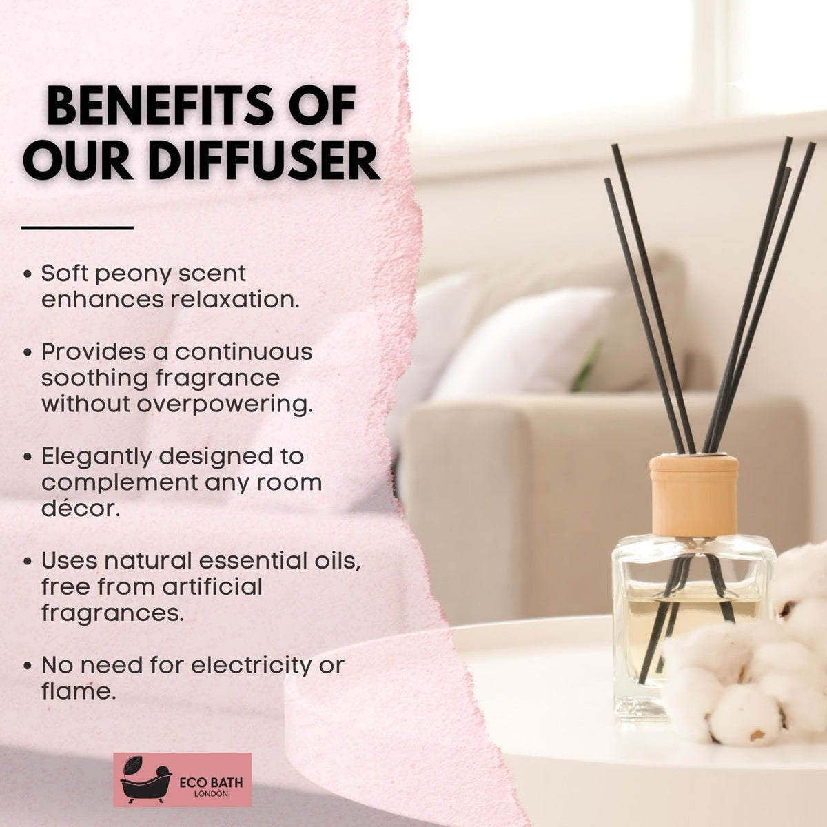 Eco Bath London Peony Reed Diffuser - Beautiful Bouquet of Peonies Fragrance, Intensive, Fresh & Long Lasting Room Diffuser, 100ml (3.38 Fl.Oz) - Wear Yaani