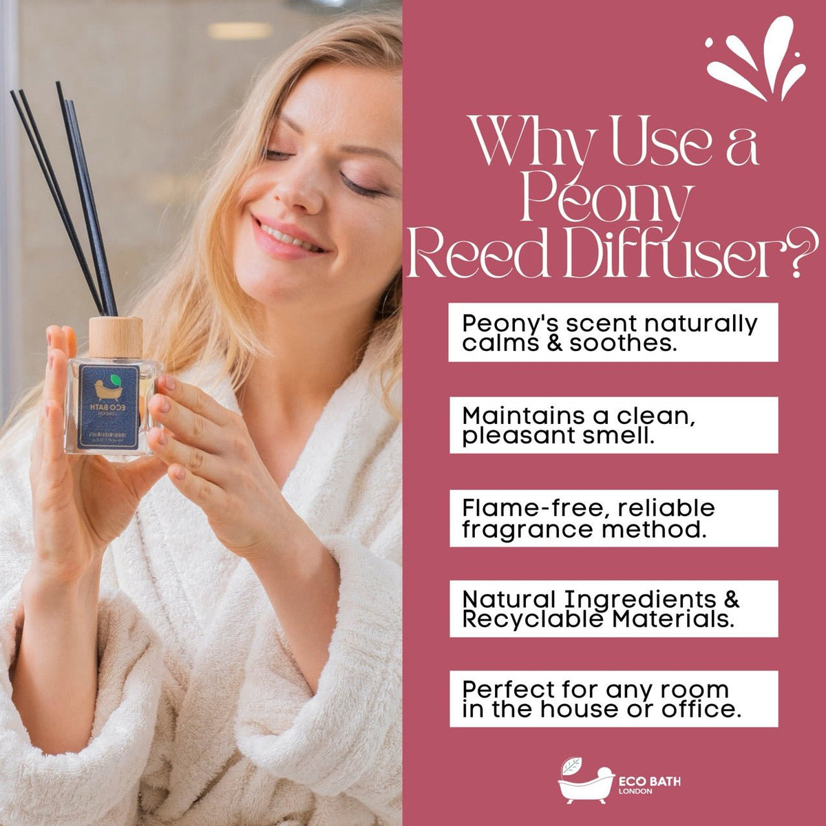 Eco Bath London Peony Reed Diffuser - Beautiful Bouquet of Peonies Fragrance, Intensive, Fresh & Long Lasting Room Diffuser, 100ml (3.38 Fl.Oz) - Wear Yaani