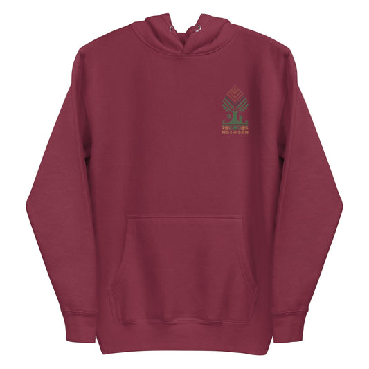 Embroidered Roots hoodie with Palestinian & Irish heritage tree design