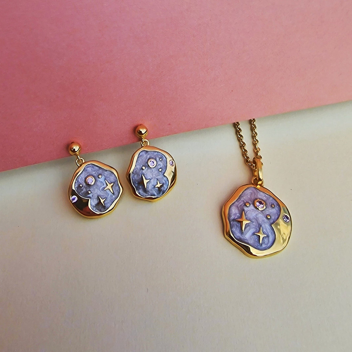 Pink Opal and Pearl Enamel Starry Night Gold Necklace - Wear Yaani